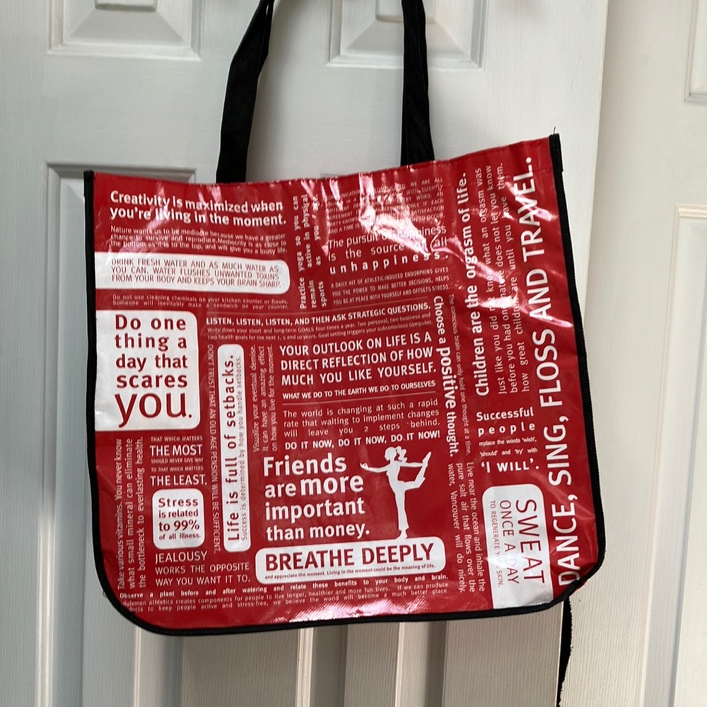 15 x 14” Lg perfect Lululemon shopping/workout bag 6” deep. Bright red/white/blk
